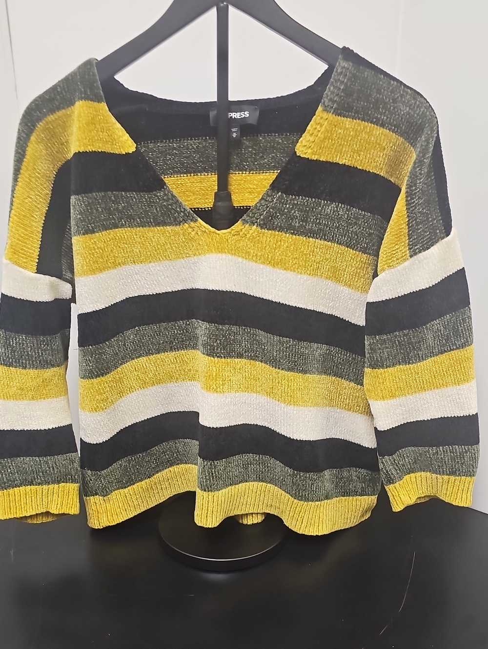 Express V-Neck Striped Sweater in Yellow, Black & Cream